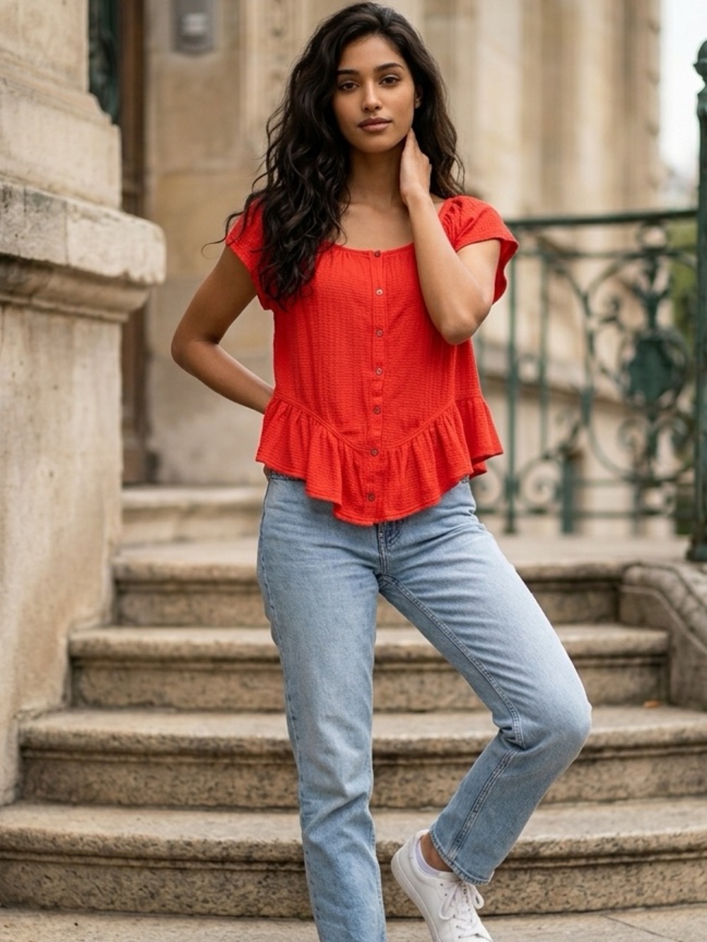 EUC Free People ruffled red top Sz Medium. EUC